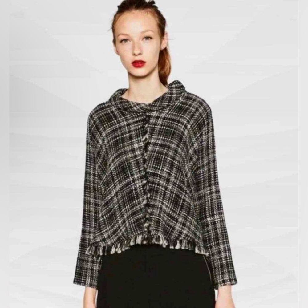 Vintage VTG ZARA Tweed Top Sweater Blouse Knit Frayed Black White Mock Neck
